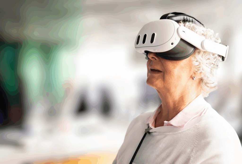 Seniorin erlebt ein begleitetes VR-Angebot zur digitalen Teilhabe
